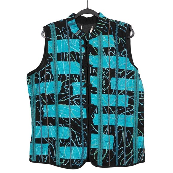 Coldwater Creek Jackets & Blazers - Abstract Crafty Vest XL Black Turquoise Scribbled Stitching Toggles Mandarin